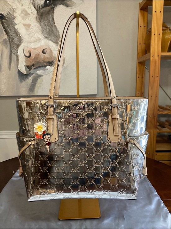 Michael Kors Handbags - Michael Kors Voyager Large Silver Patent Logo Debossed East - West Tote Bag NWOT